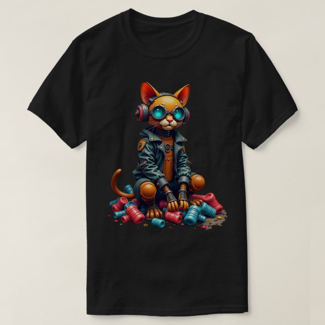 Post Apocalyptic Kitsch Robot Cat Survival Retro F T-Shirt (Design Front)