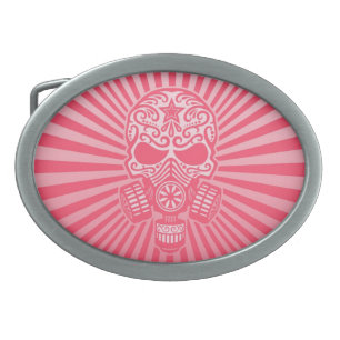 Post Apocalyptic Sugar Skull, pink Oval Belt Buckle