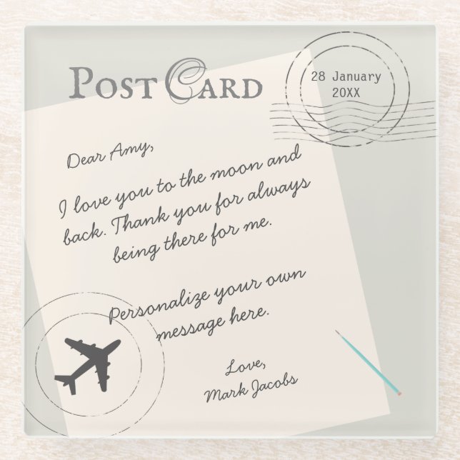 Post Card custom message personal love note Glass Coaster (Front)