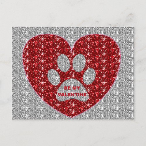 Post Card Paw Heart Red Silver Be My Valentine