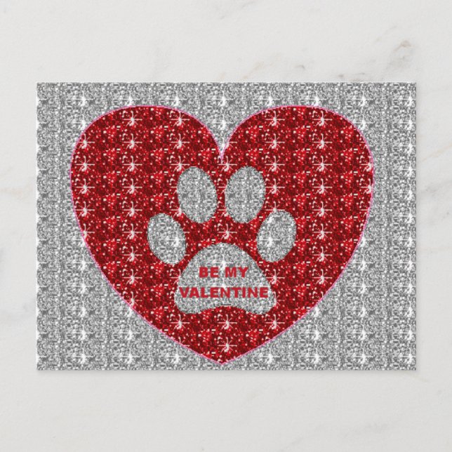 Post Card Paw Heart Red Silver Be My Valentine (Front)