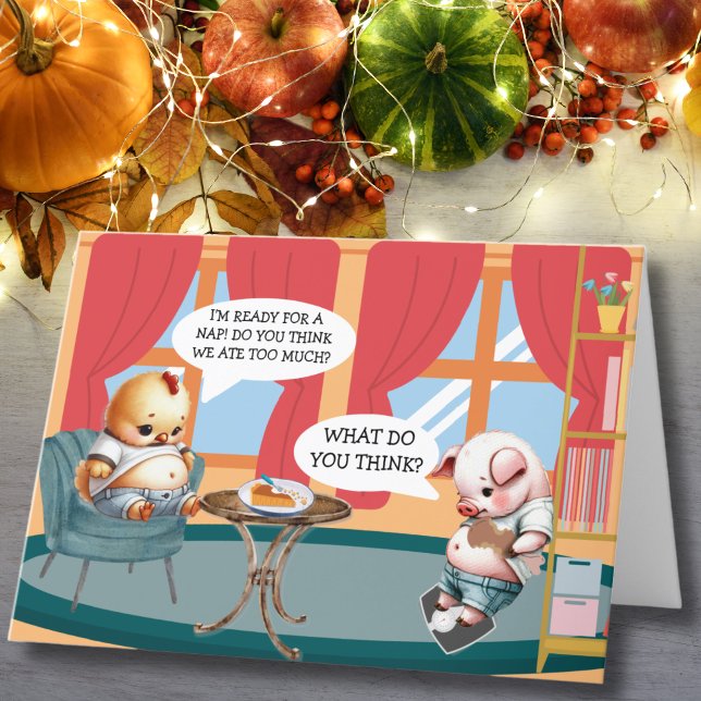 Post Feast Dilemma A Funny Thanksgiving Holiday Card (Funny Thanksgiving card with chubby chicken and pig overeating, pig standing on a scale.)