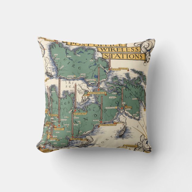Post Office Wireless Stations Map, Great Britain Throw Pillow (Front)