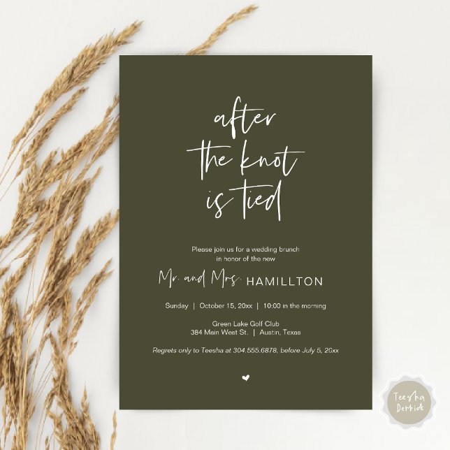 Post wedding Brunch, After the knot is tied Invita Invitation (After the knot is tied, Wedding Elopement Lunch, Dinner, Brunch Party Invites Card, PDF, Olive Green)