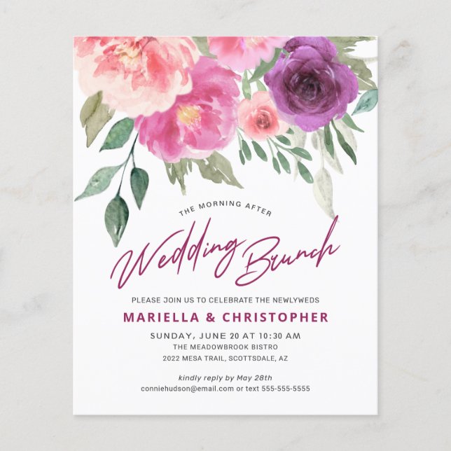 Post Wedding Brunch Watercolor Rose Peonies Budget Flyer (Front)