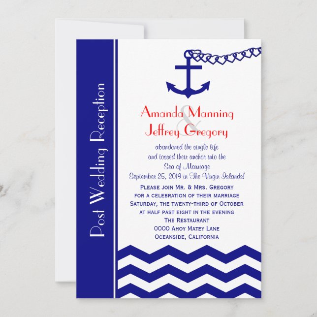 Post Wedding Reception Invitation Nautical Navy (Front)