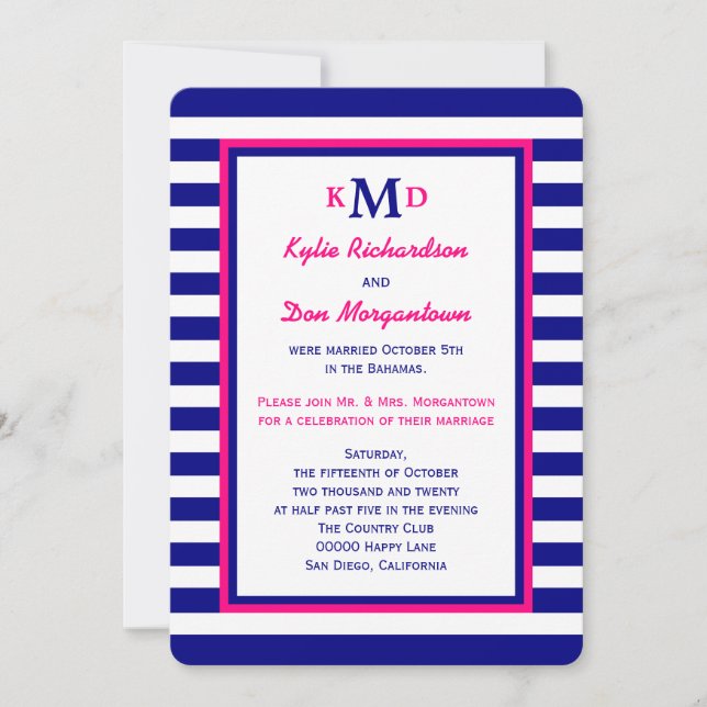 Post Wedding Reception Invitation Pink Nautical (Front)