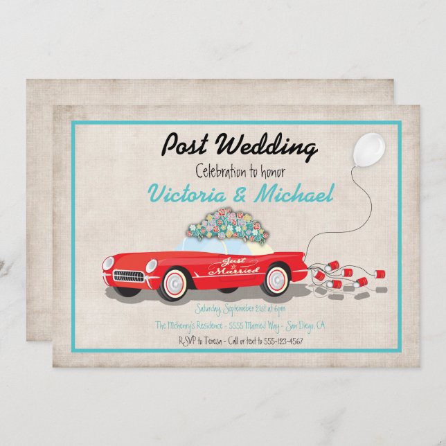 Post Wedding Retro Car Just Married Invitation (Front/Back)