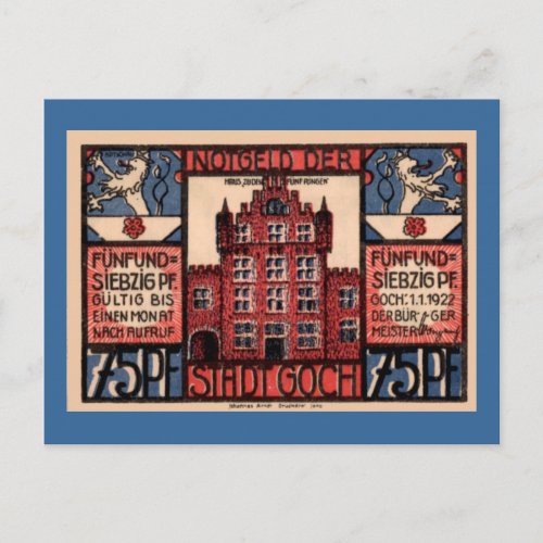 Post WW1 German Currency 75 Pfennig Stadt Goch Postcard