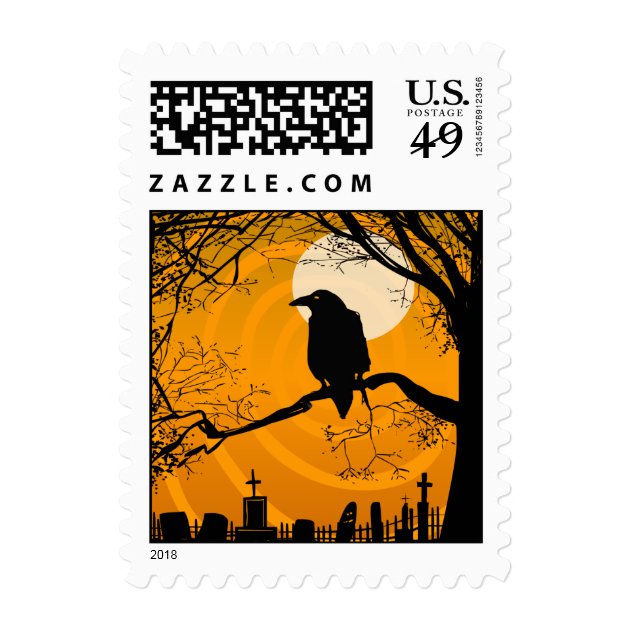 Postage -Halloween Raven By Graveyard - Orange