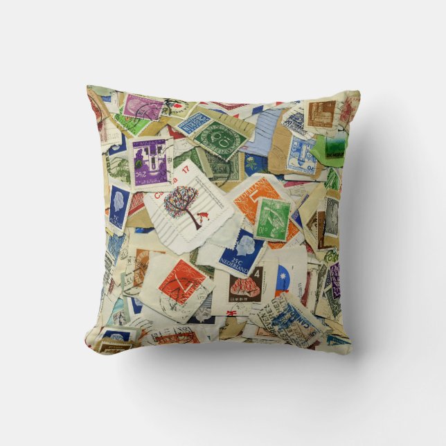 Postage Stamp Collage Travel Throw Pillow (Front)
