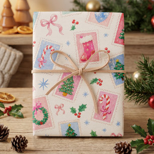 Postage Stamp Coquette Pink Ribbon Holly Holiday Wrapping Paper Sheets