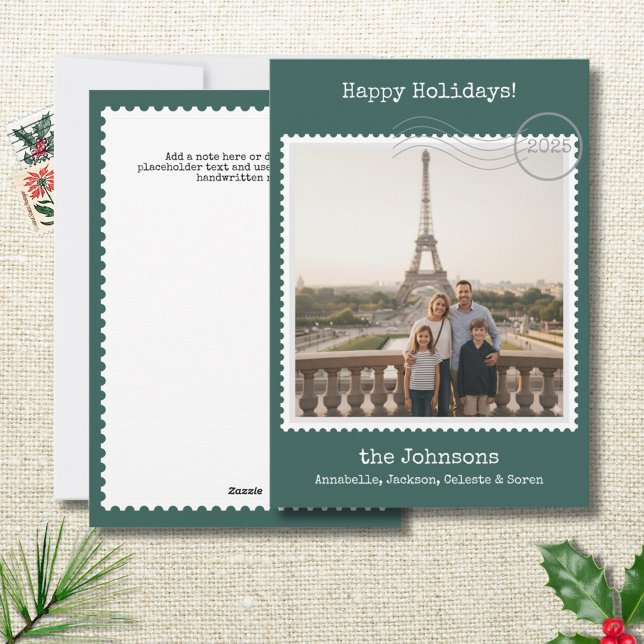 Postage Stamp Square Photo Green Holiday Card (Nostalgic personalized photo holiday card with postage stamp border on green. Add a note to the back)