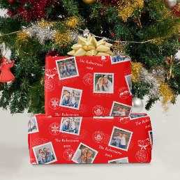 Postage Stamps Christmas Family Photos Red Wrapping Paper