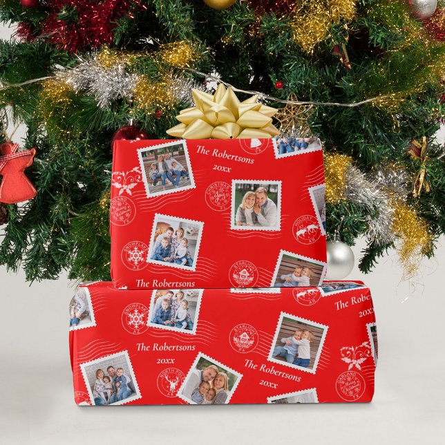 Postage Stamps Christmas Family Photos Red Wrapping Paper (Creator Uploaded)