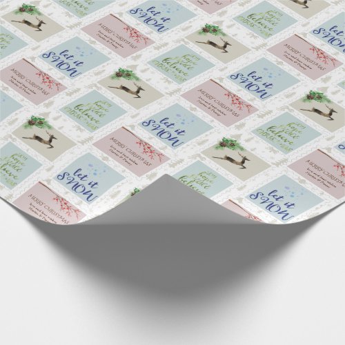 Postage Stamps Personalized Beige Christmas Tree Wrapping Paper