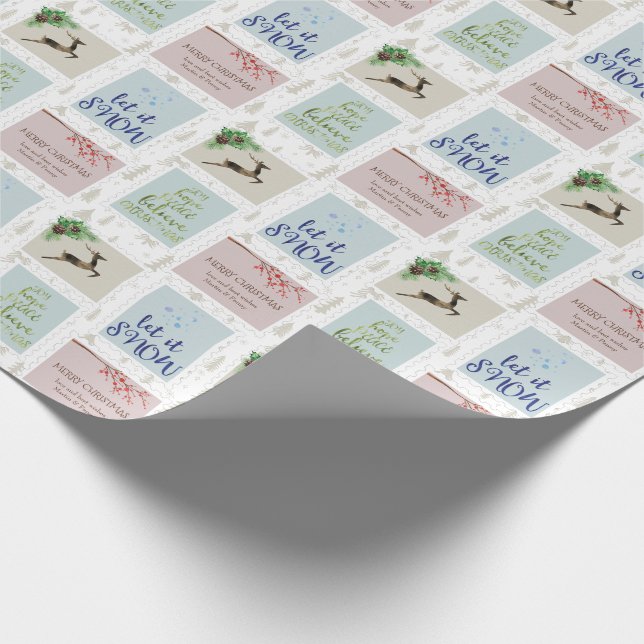 Postage Stamps Personalized Beige Christmas Tree Wrapping Paper (Corner)