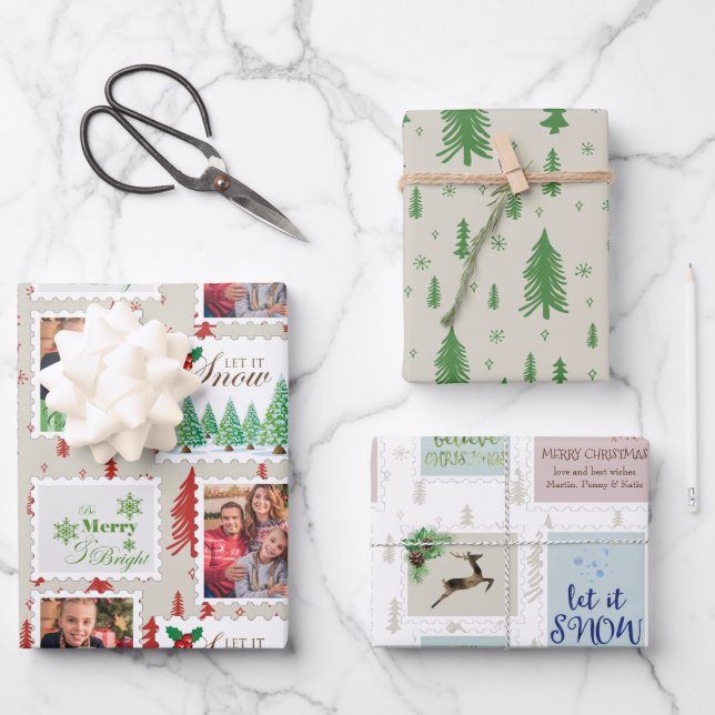  Postage Stamps Photos and Christmas Tree Doodle Wrapping Paper Sheets (Front)