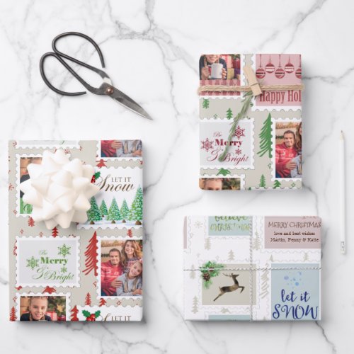 Postage Stamps Photos Personalized Set of 3 Wrapping Paper Sheets