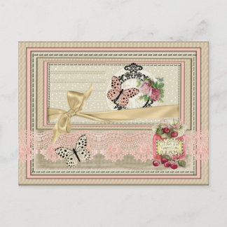 Postal estilo scrapbooking encaje mariposa cerezas postcard