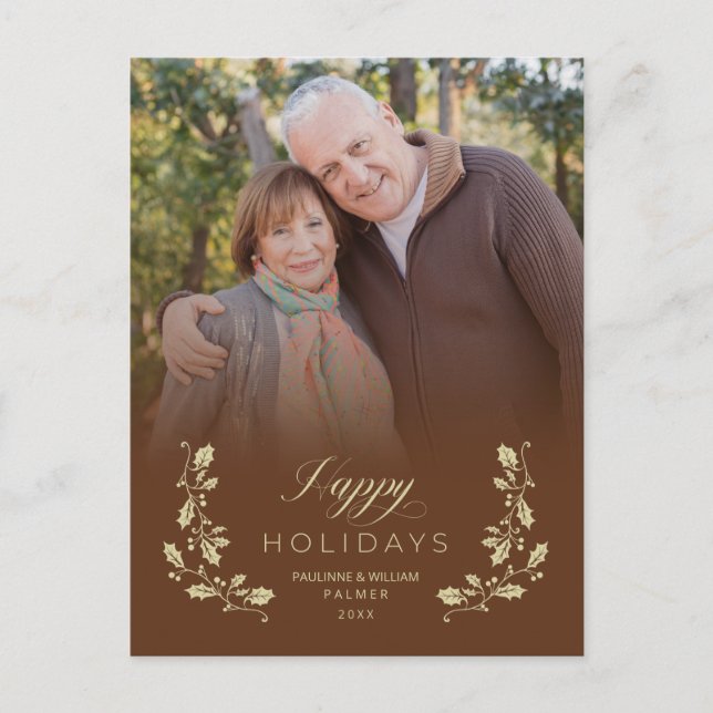 Postal Festiva Brown Whimsical Script Quote Photo  Holiday Postcard (Front)