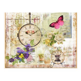 Postal Reloj y mariposa rosa vintage con flor violeta
