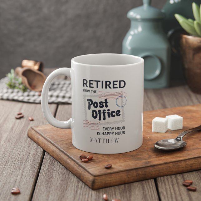 Postal Worker Retirement Mailman Personalized Giant Coffee Mug (Retired Postal Worker Happy Hour White 11oz Coffee Mug)