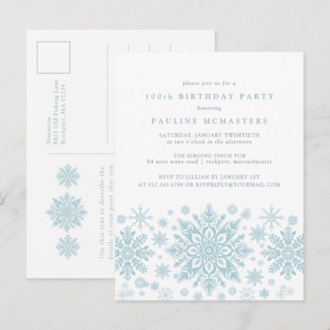 POSTCARD 100th Birthday Blue Snowflake Invitation (Front/Back)