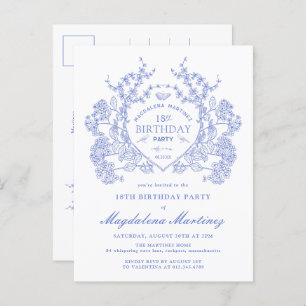 POSTCARD 18th Birthday Blue Floral Crest Invite