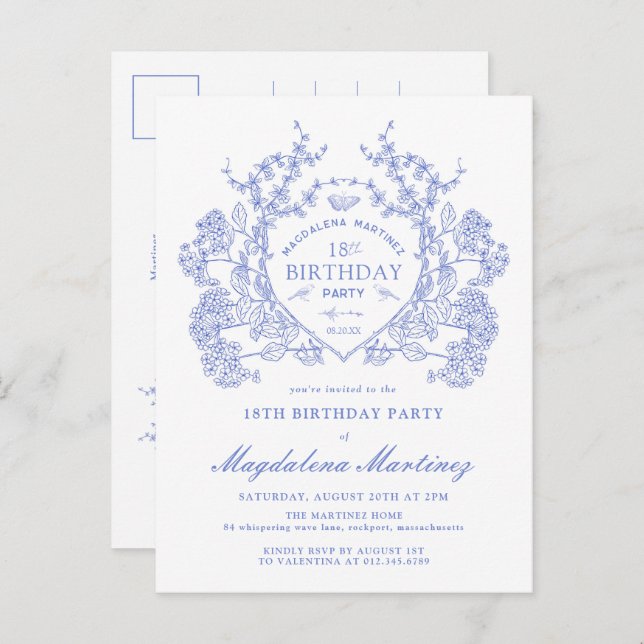 POSTCARD 18th Birthday Blue Floral Crest Invite (Front/Back)