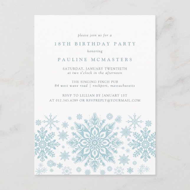 POSTCARD 18th Birthday Blue Snowflake Invitation (Front)