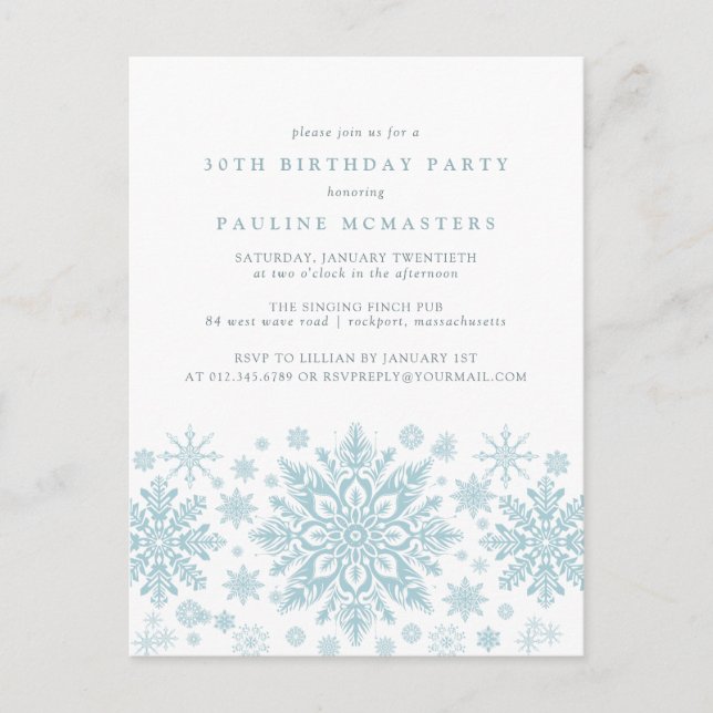 POSTCARD 30th Birthday Blue Snowflake Invitation (Front)