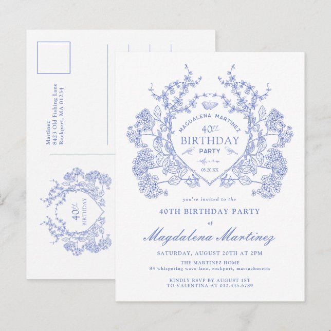 POSTCARD 40TH Birthday Blue Floral Crest Invite (Front/Back)