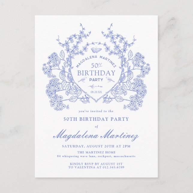 POSTCARD 50TH Birthday Blue Floral Crest Invite (Front)