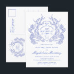 POSTCARD 60TH Birthday Blue Floral Crest Invite<br><div class="desc">An elegant French vintage blue floral crest takes center stage on this timeless birthday invitation. Ornate,  formal and very feminine will make any birthday lady feel very special. Coordinating party supplies are available.</div>