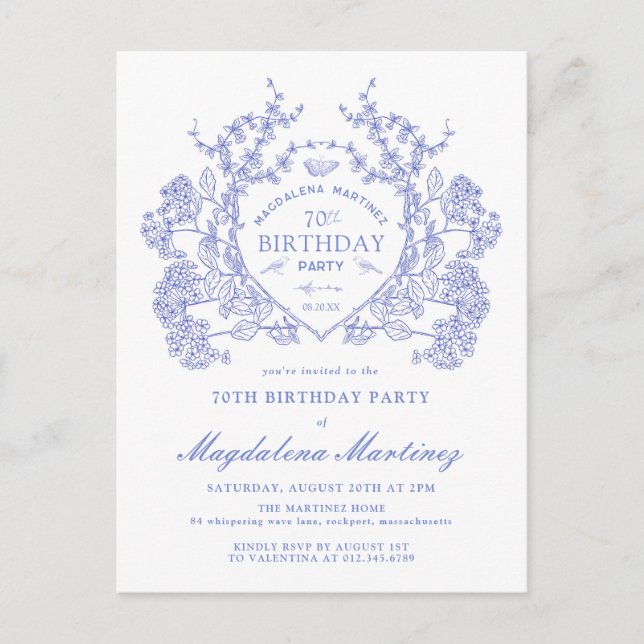 POSTCARD 70TH Birthday Blue Floral Crest Invite (Front)