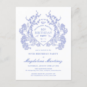 POSTCARD 80TH Birthday Blue Floral Crest Invite