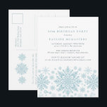 POSTCARD 80th Birthday Blue Snowflake Invitation<br><div class="desc">Very elegant blue watercolor snowflakes create a pretty border along the bottom of this adult birthday invitation. Modern and minimalist design has an open and airy feel. The contemporary aesthetic will appeal to people of all ages.</div>