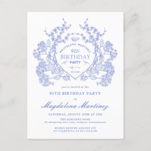 POSTCARD 90TH Birthday Blue Floral Crest Invite