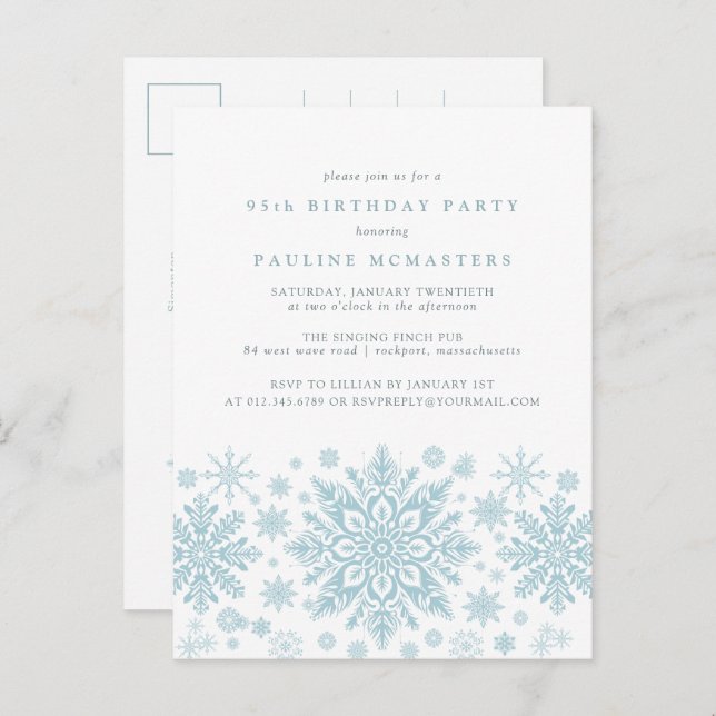 POSTCARD 95th Birthday Blue Snowflake Invitation (Front/Back)