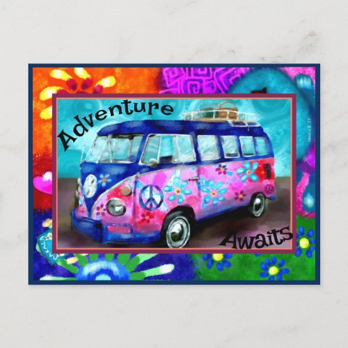 Postcard _ Adventure Awaits Floral Hippie Bus Van