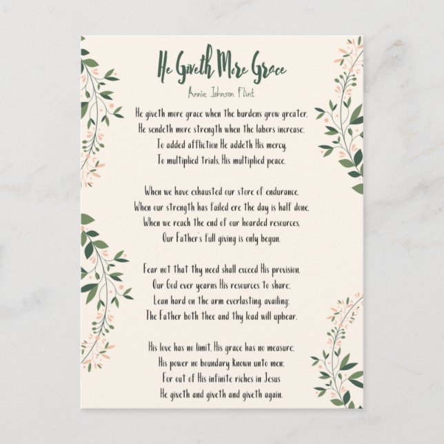 Postcard Annie Johnson Flint He Giveth More Grace (Front)