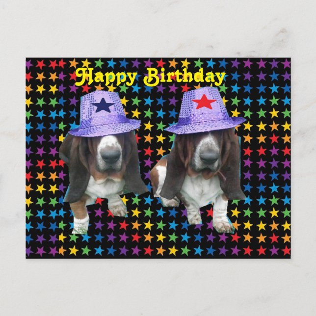 Postcard Baby Happy Birthday Basset Hound Stars (Front)