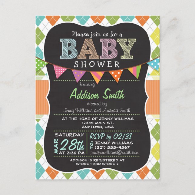 Postcard Baby Shower; Colorful Argyle Invitation (Front)