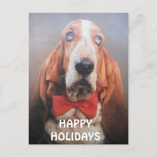 Postcard Basset Hound Happy Holidays Red Bow Tie