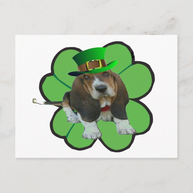 Postcard Basset Hound Happy StPatrick's Day Clover (Front)