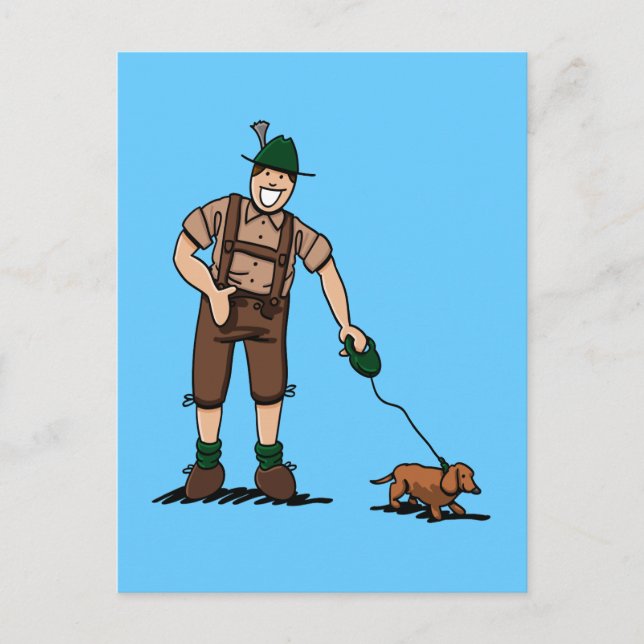 Postcard Bavarian Lederhosen Man Dachshund Dog (Front)