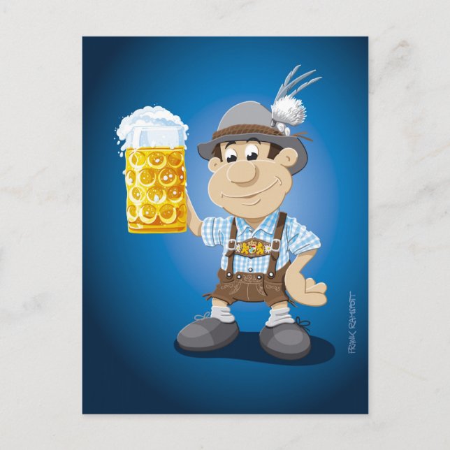 Postcard BEER FESTIVAL Lederhosen Cartoon Man Beer (Front)