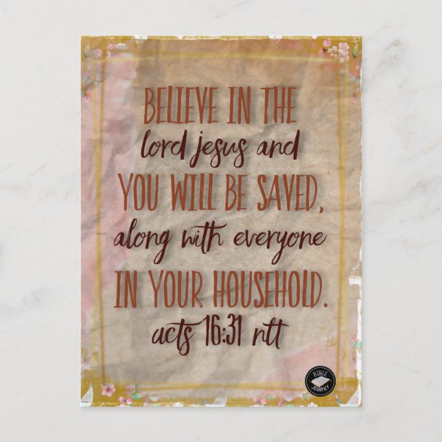 Postcard - Bible Verse Acts 16:31 NLT (Front)