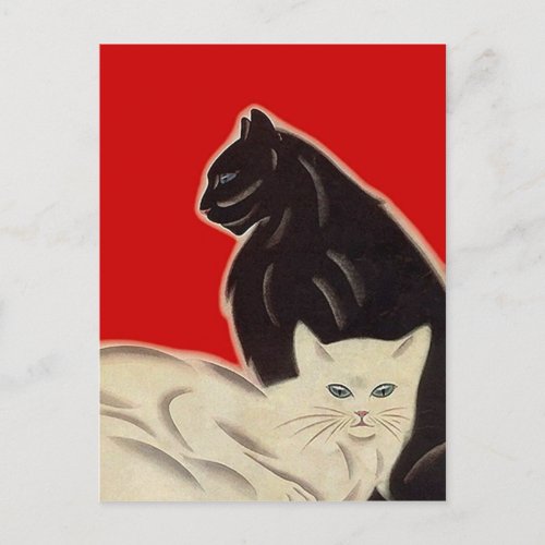 Postcard Black  white Cats on Red Art Deco Style